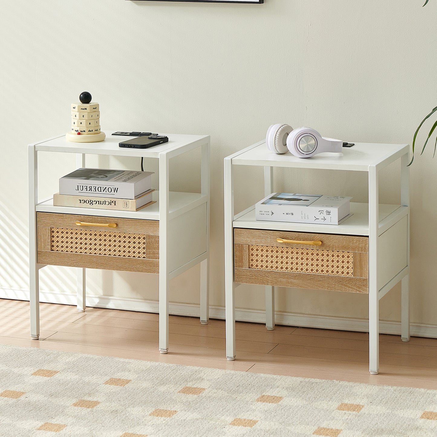 Set of 2, 15.75" Rattan End table with Power Outlet & USB Ports , Modern nightstand with drawer and metal legs, side table for living room, bedroom,white