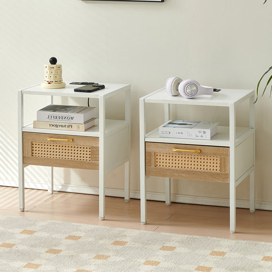 Set of 2, 15.75" Rattan End table with Power Outlet & USB Ports , Modern nightstand with drawer and metal legs, side table for living room, bedroom,white