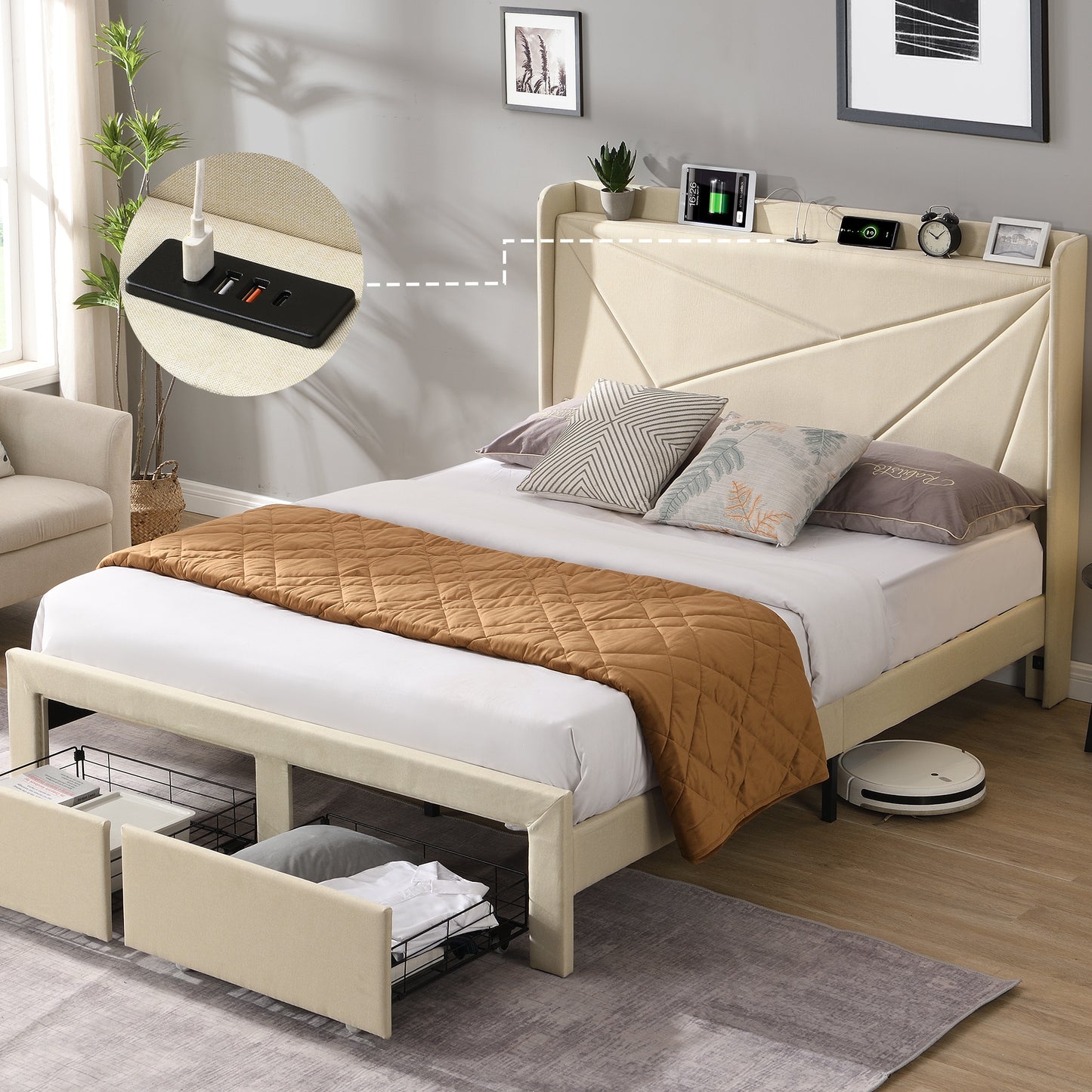 Full Size Bed Frame with 2 Storage Drawers, Upholstered Bed Frame with Wingback Headboard Storage Shelf Built-in USB Charging Stations and Strong Wood Slats Support, No Box Spring Needed, Beige