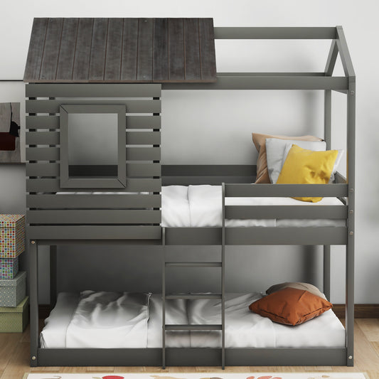 Gray Twin Over Twin Bunk Bed with Playhouse Roof and Window