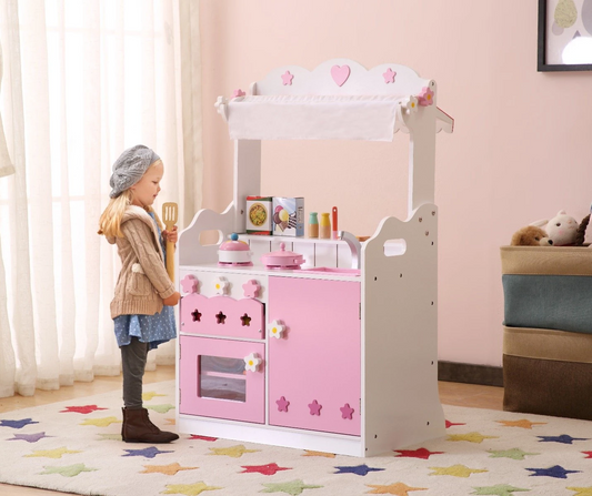 Pretend Kitchen and Market Stall - Pink 2-in-1 Playset for Kids