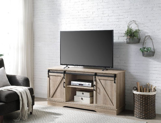 Rustic Oak Finish TV Stand with Sliding Barn Doors