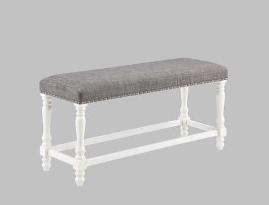 1pc Traditional Style Chalk Gray Finish Counter Dining Height Turned Legs Nailhead Trim Linen Fabric Upholstered Bench Solid Wood Wooden Dining Room Bench