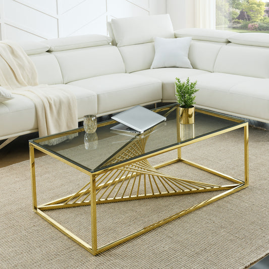 Luxurious Gold Stainless Steel Coffee Table with Clear Glass Top