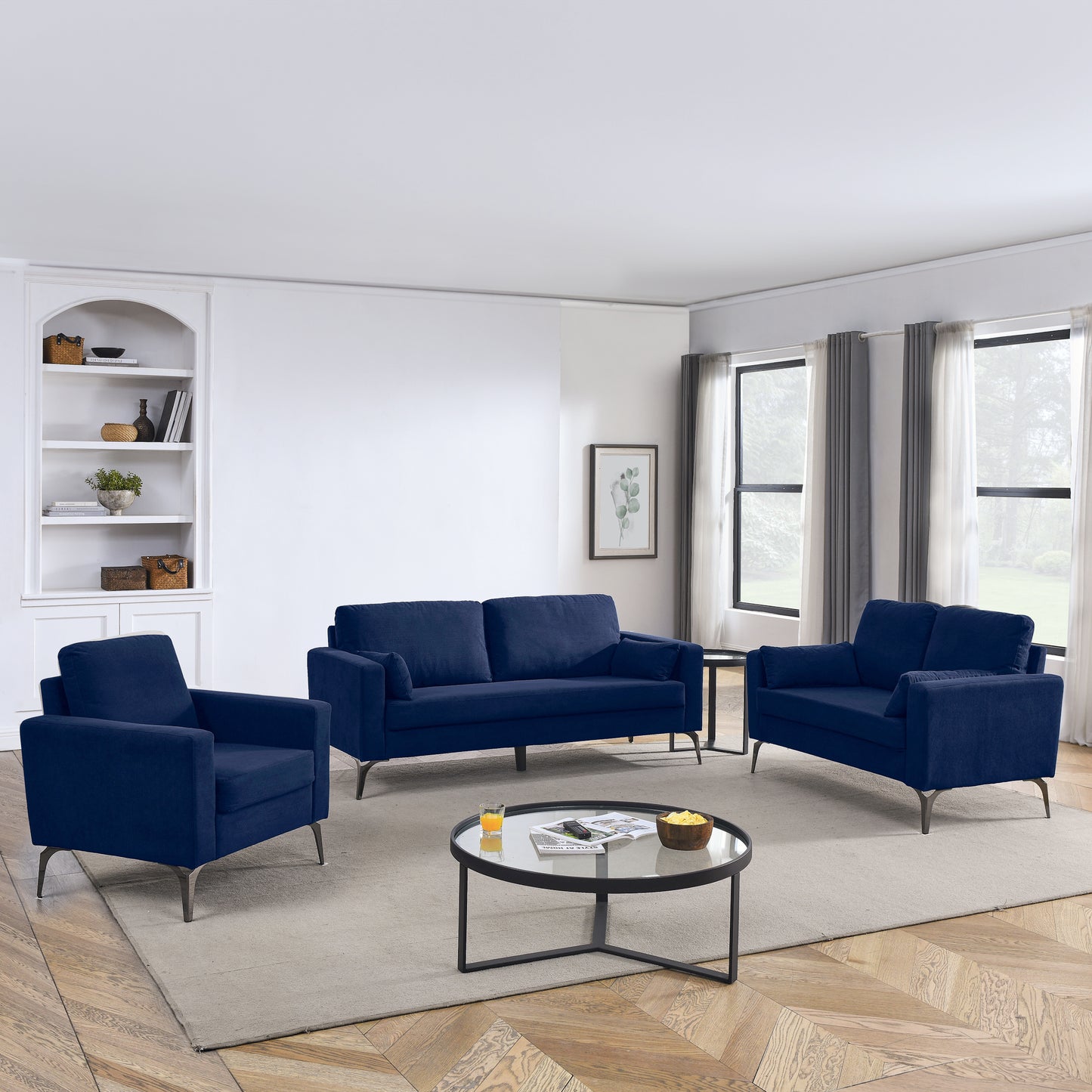 3-Piece Navy Corduroy Living Room Sofa Set with Modern Minimalist Design