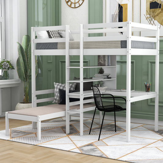 Convertible Loft Bed with L-Shaped Desk and Twin Bunk Bed in White Finish - Space-Saving Bedroom Solution