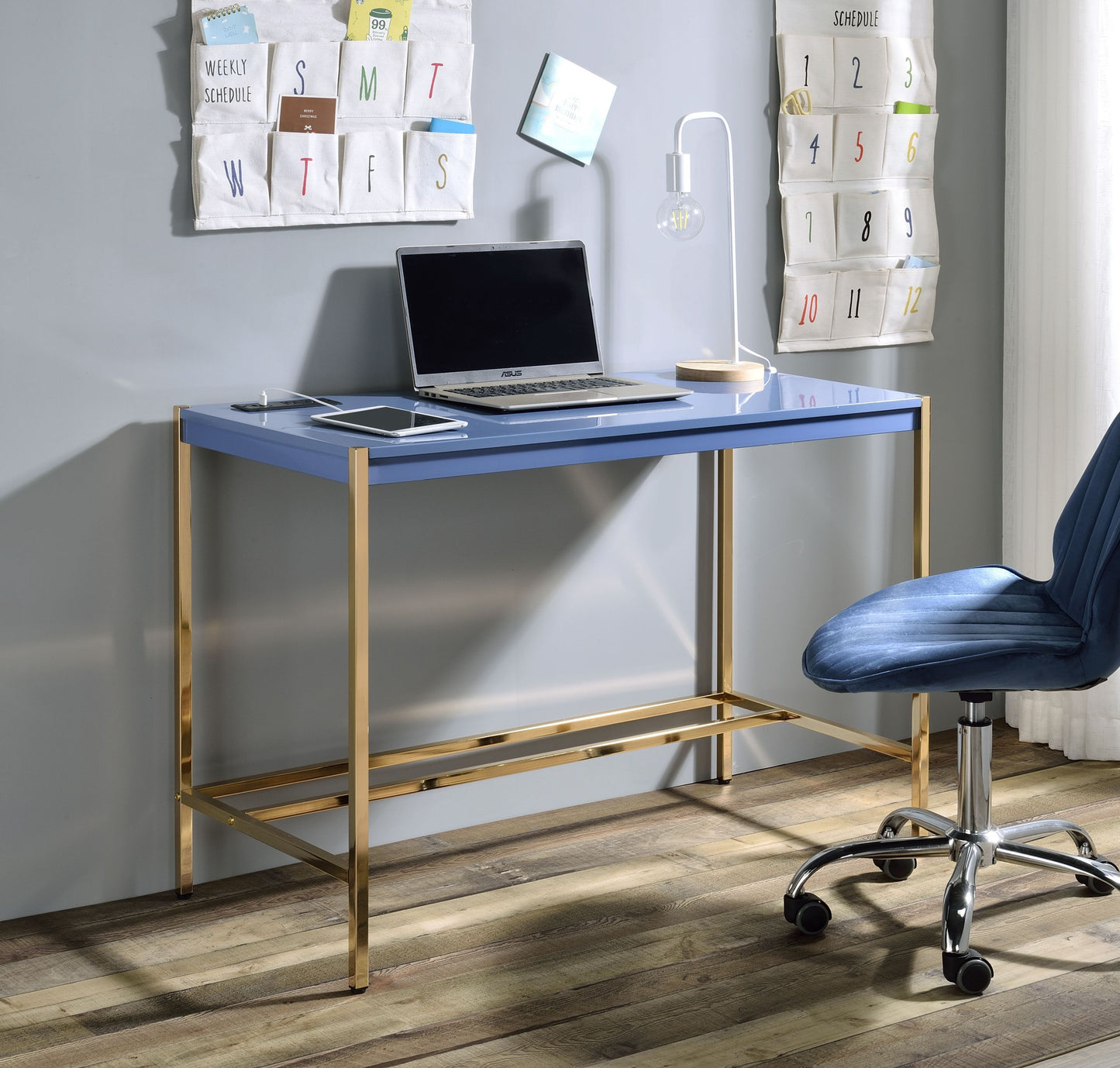 Navy Blue and Gold Writing Desk with USB Port: A Stylish and Functional Workspace Upgrade