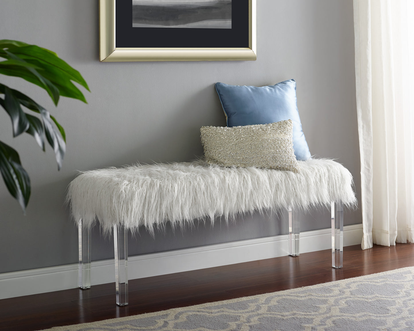 1pc White Glam Accent Bench with Faux Fur Seat Transparent Legs