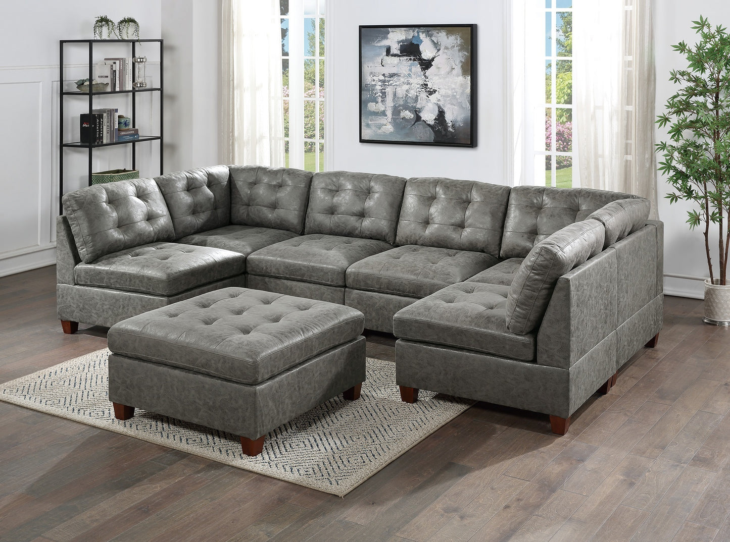 Antique Grey Breathable Leatherette Modular Sectional Set + Ottoman