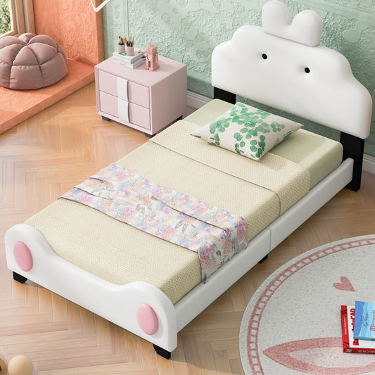 Twin Size Upholstered Platform Bed with Cartoon Headboard and Footboard, White+Pink