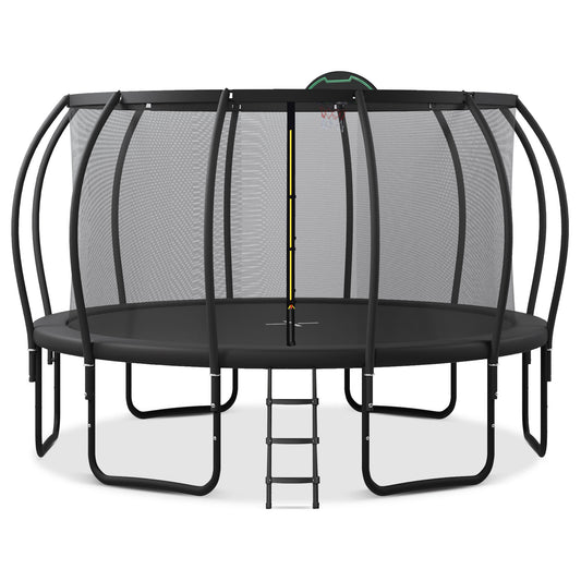 15FT Trampoline for Kids with Upgraded ArcPole and Composite TopLoop for Safety Enclosure, Plus Basketball Board and 12 Ground Stakes, Outdoor Recreational Playset Balance Physical Training Trampoline