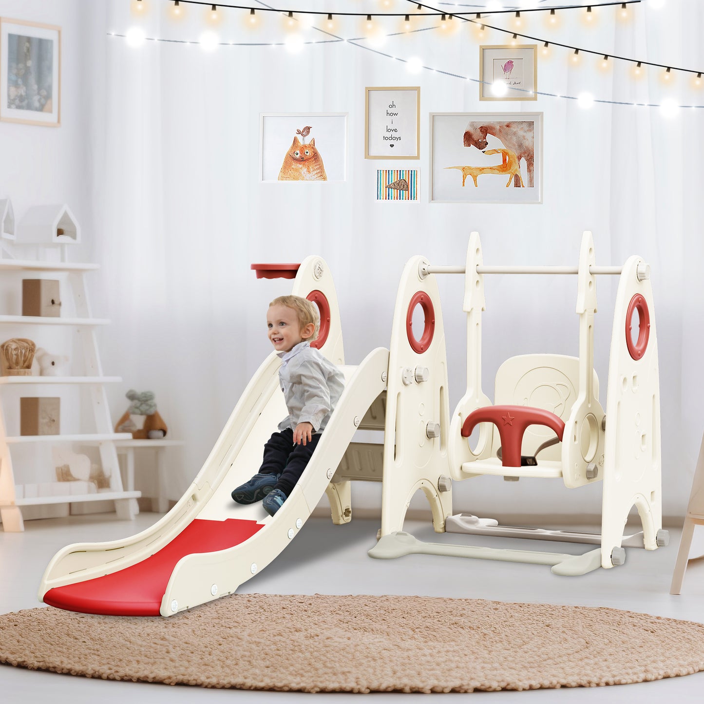 4 in 1 Toddler Slide and Swing Set with Basketball Hoop