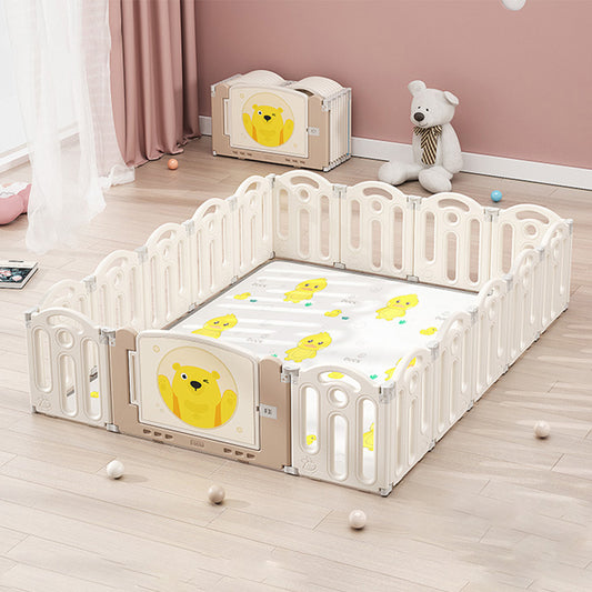 Bear Beige White Color Foldable Playpen, Baby Safety Play Yard With Fence Indoor Toys With Play mat 16panel and 1 play mat