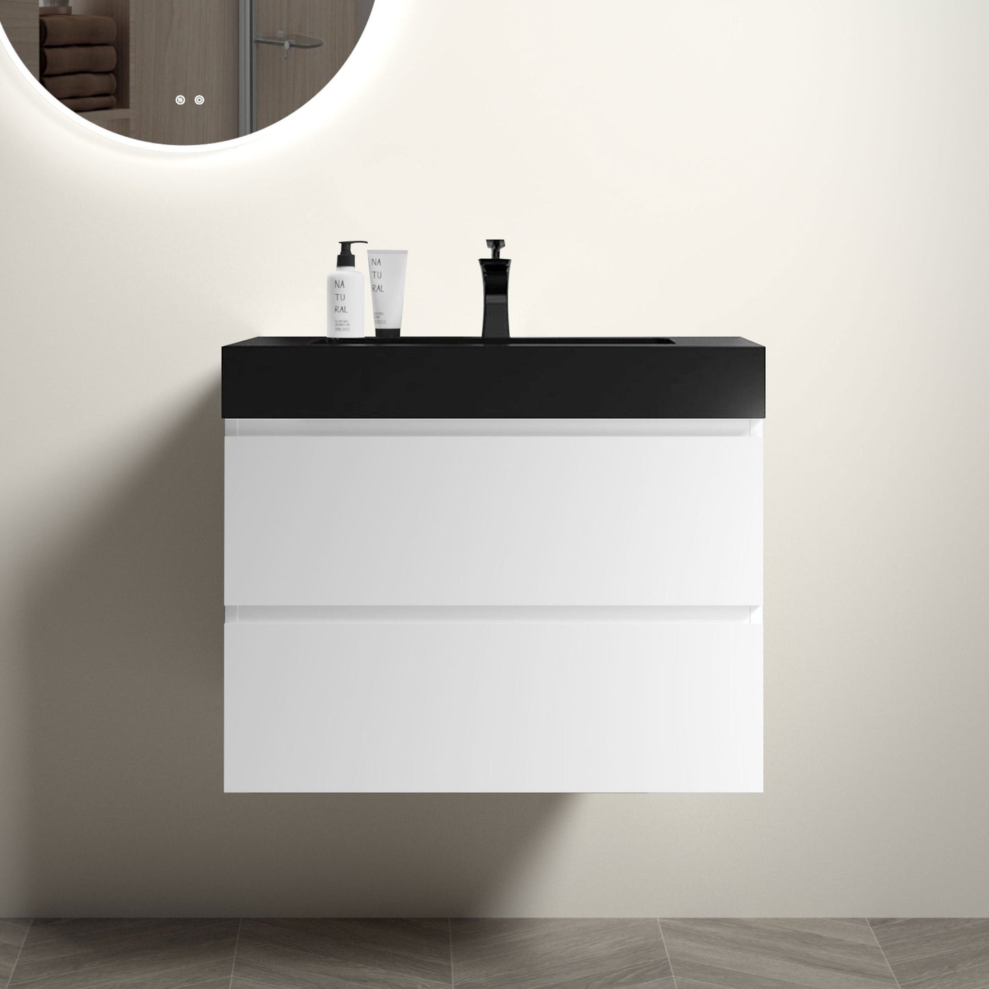 Alice 30" White Bathroom Vanity with Sink, Large Storage Wall Mounted Floating Bathroom Vanity for Modern Bathroom, One-Piece Black Sink Basin without Drain and Faucet