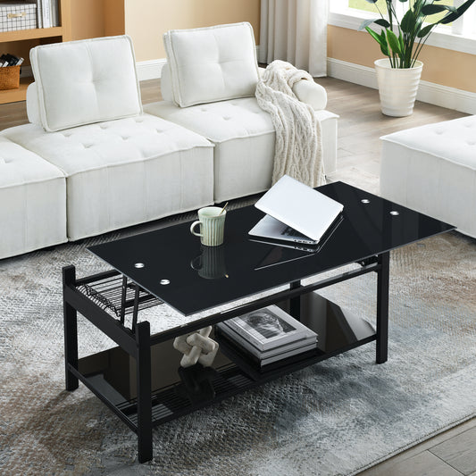 Black Lift Coffee Table with Hidden Storage Shelves and Tempered Glass Top Dining Table