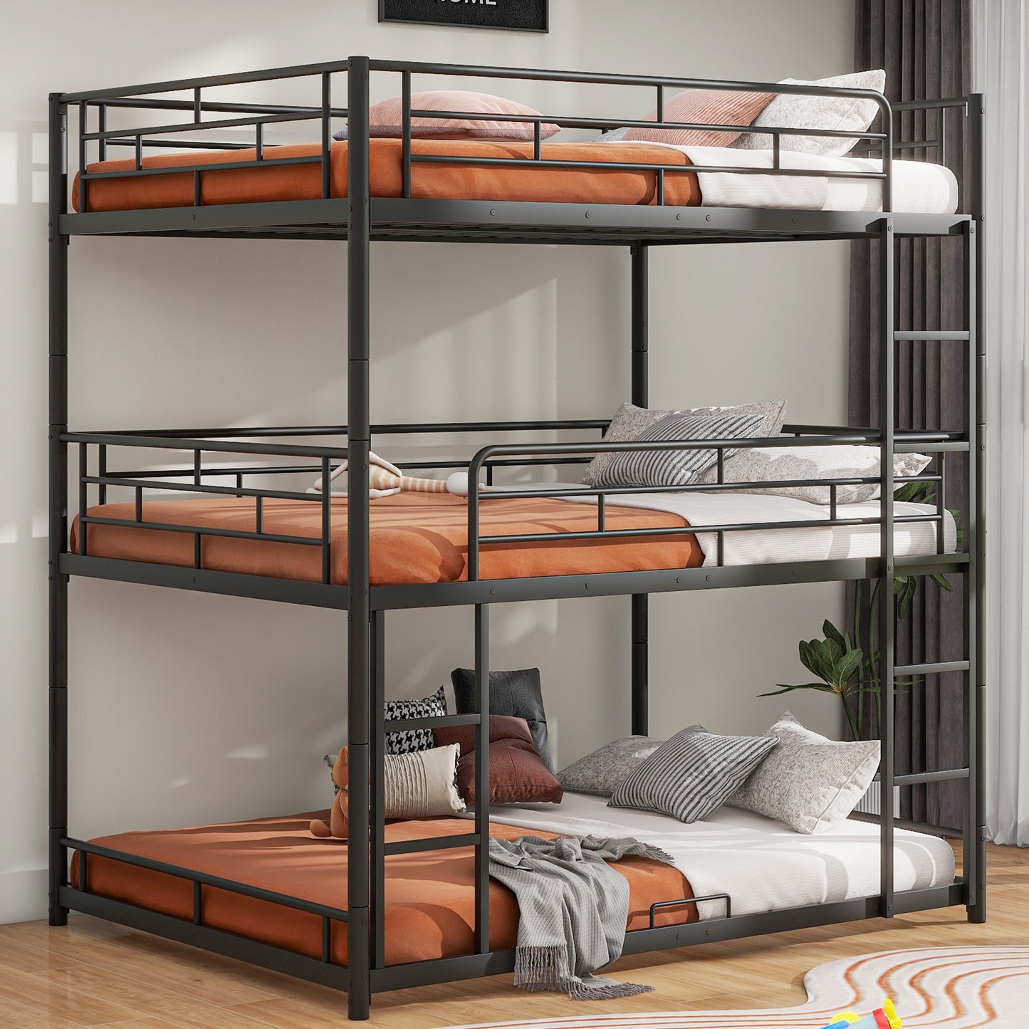 Durable Steel Full Size Triple Bunk Bed in Elegant Black