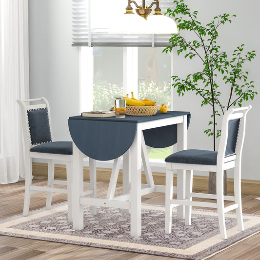 3-Piece Wood Counter Height Drop Leaf  Dining Table Set with 2 Upholstered Dining Chairs for Small Place, White+Gray