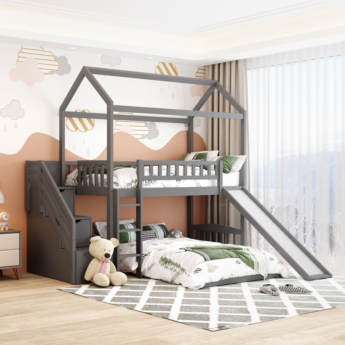 White House Design Twin Over Twin Bunk Bed with Slide and Storage Steps