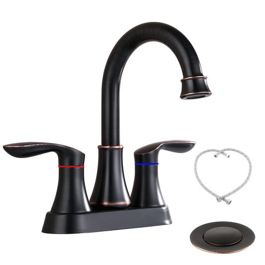 Elegant Oil Rubbed Bronze Bathroom Faucet with 2 Handles, Pop-Up Drain, and Supply Hoses