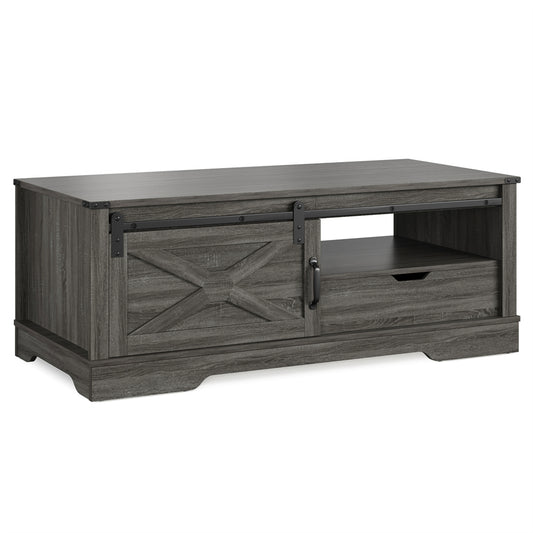 Rustic Gray Wooden Farmhouse Storage Coffee Table with Sliding Barn Door