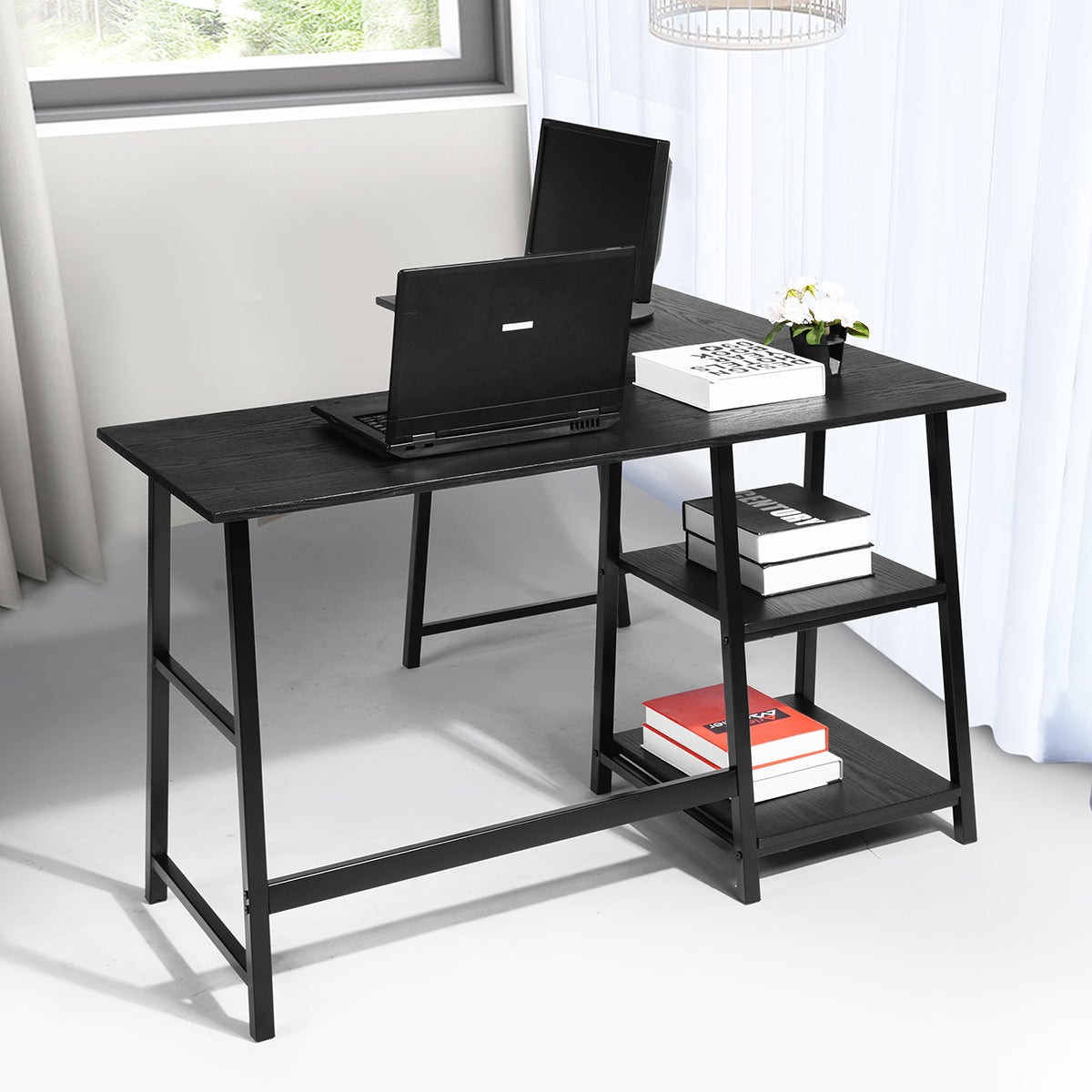 Black L-Shaped Corner Desk with Open Shelves, 43.5W X 27.6 D