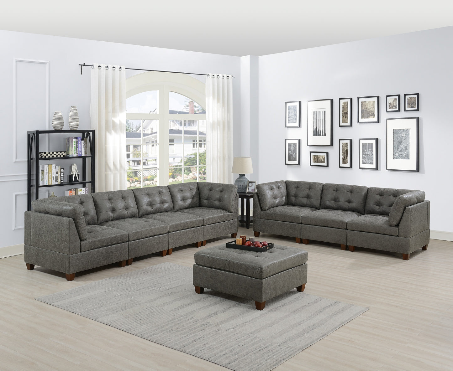 Luxurious Antique Grey Modular Leatherette Sofa Set 8pc with Tufted Back-Sleek Design