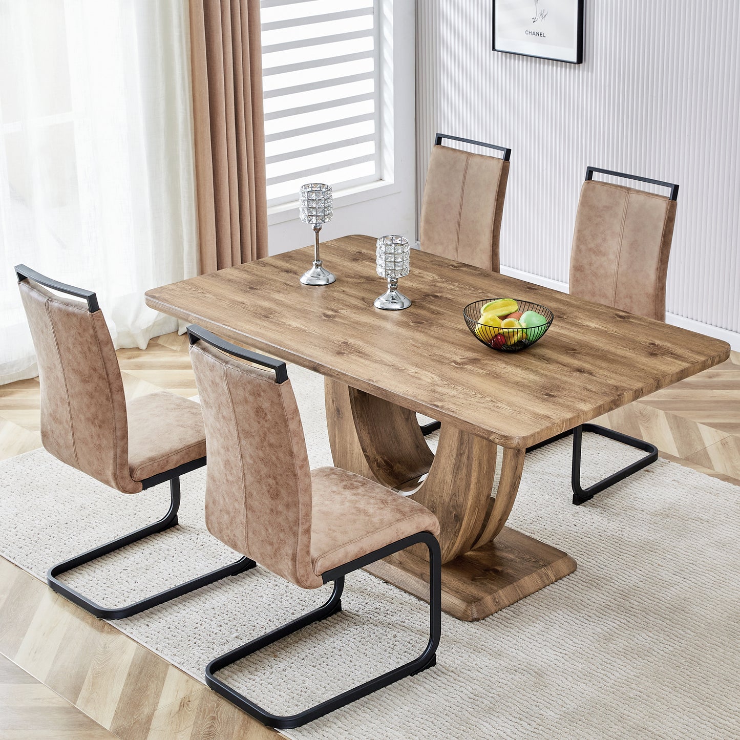 5 Piece Modern Dining Table Set, Rectangular Kitchen Table Set with Wooden Tabletop＆4 Pu Leather Upholstered Chairs Ideal for Dining Room, Kitchen