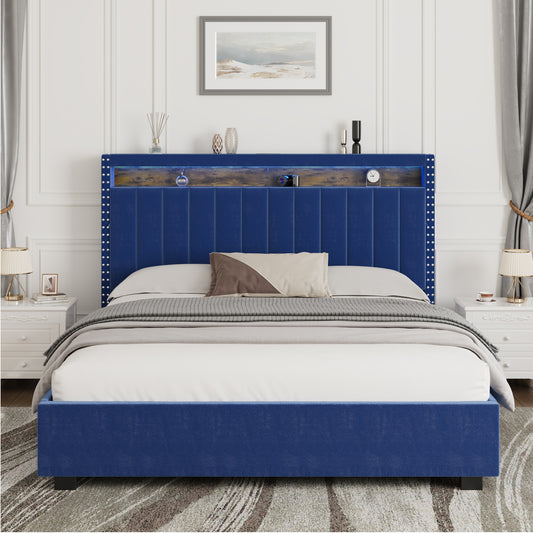 Luxury Gas Lift Storage Bed with RF LED Lights, Storage Headboard ,King Size ,Velvet Blue