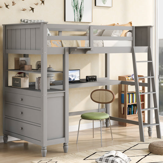 Twin size Loft Bed with Drawers and Desk, Wooden Loft Bed with Shelves - Gray(: LT001530AAE)