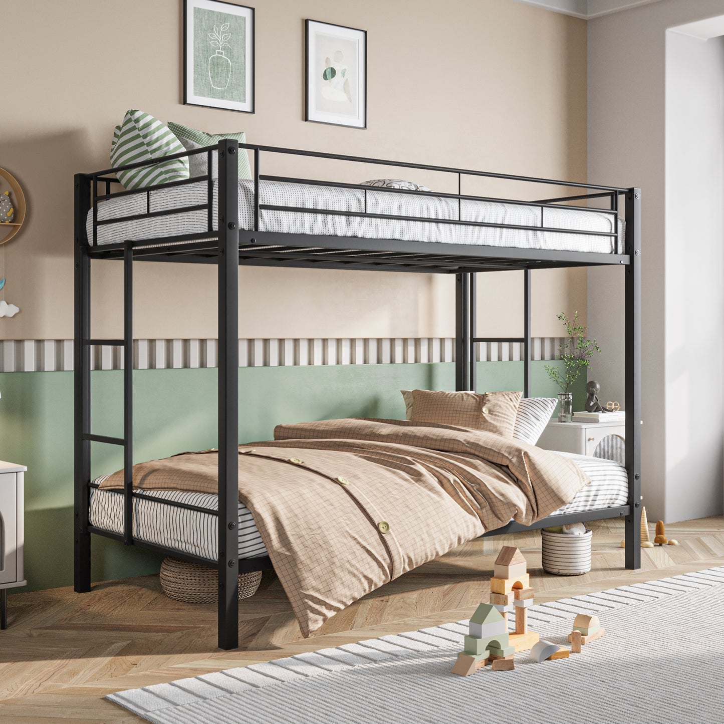 Heavy Duty Metal Twin Bunk Bed with Shelf and Safety Features - Black