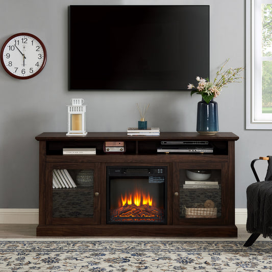 Contemporary Brown TV Stand with Fireplace Insert for TVs Up to 65