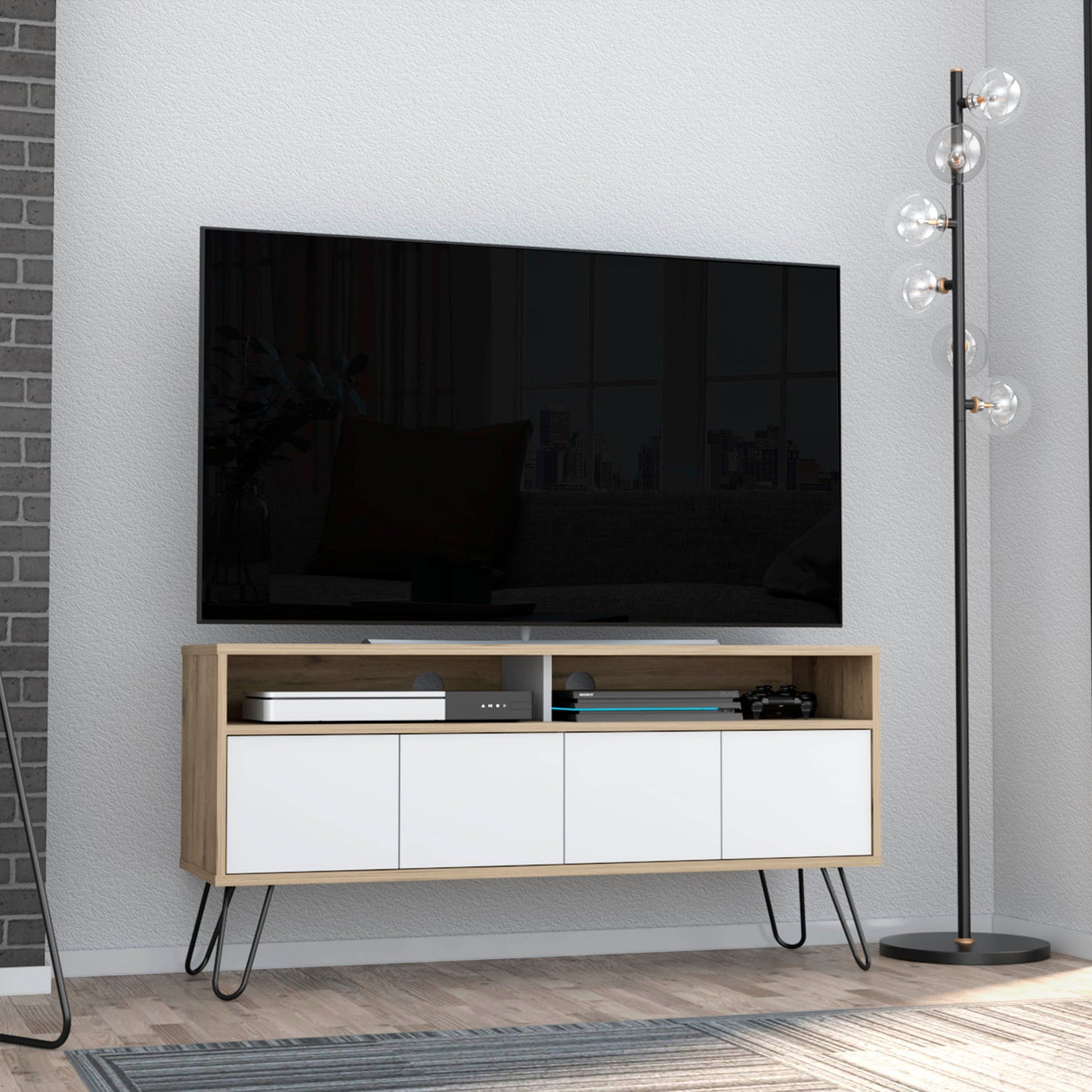 Vassel TV Stand with Hairpin Legs and Double Cabinets in Aged Oak / White Color Scheme