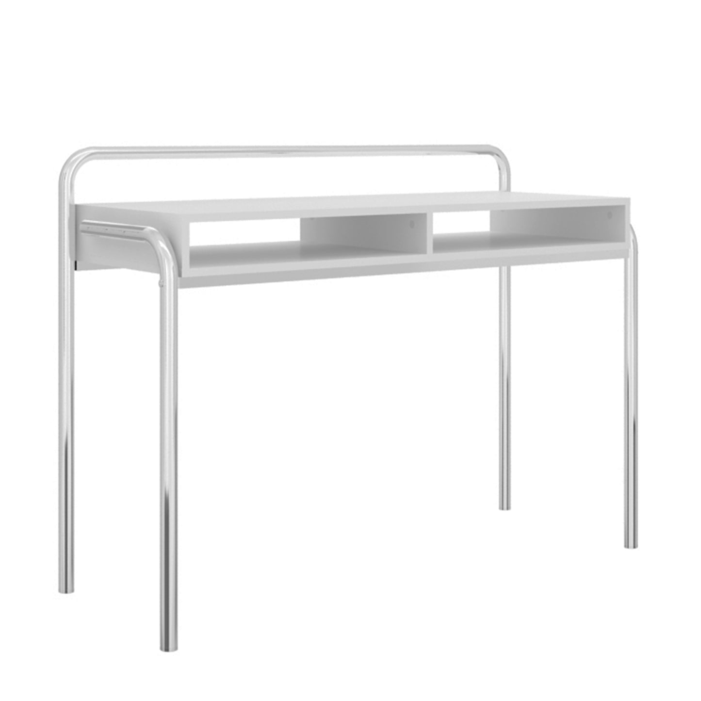 Sleek White Desk with Chrome Accents and Storage Compartments