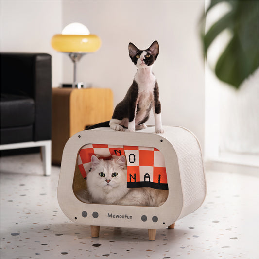 Classic Wooden TV-Shaped Cat Bed, Cat House with Cushion, White