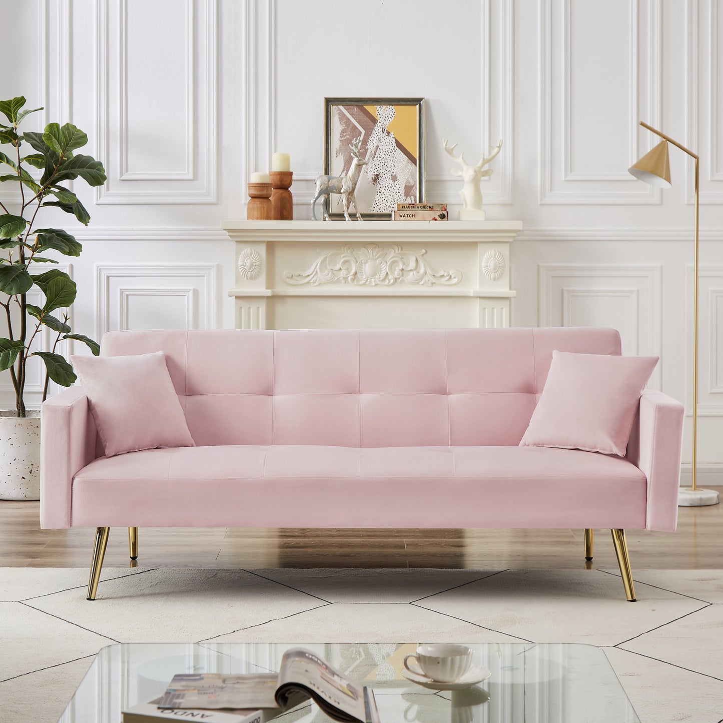 PINK Velvet  Convertible Folding Futon Sofa Bed , Sleeper Sofa Couch for Compact Living Space