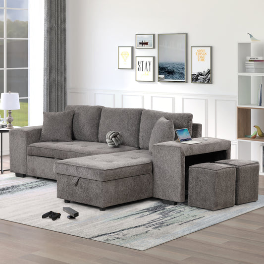 Modern L-Shape 3 Seat Reversible Sectional Sleeper Sofa with Storage Chaise and 2 Stools