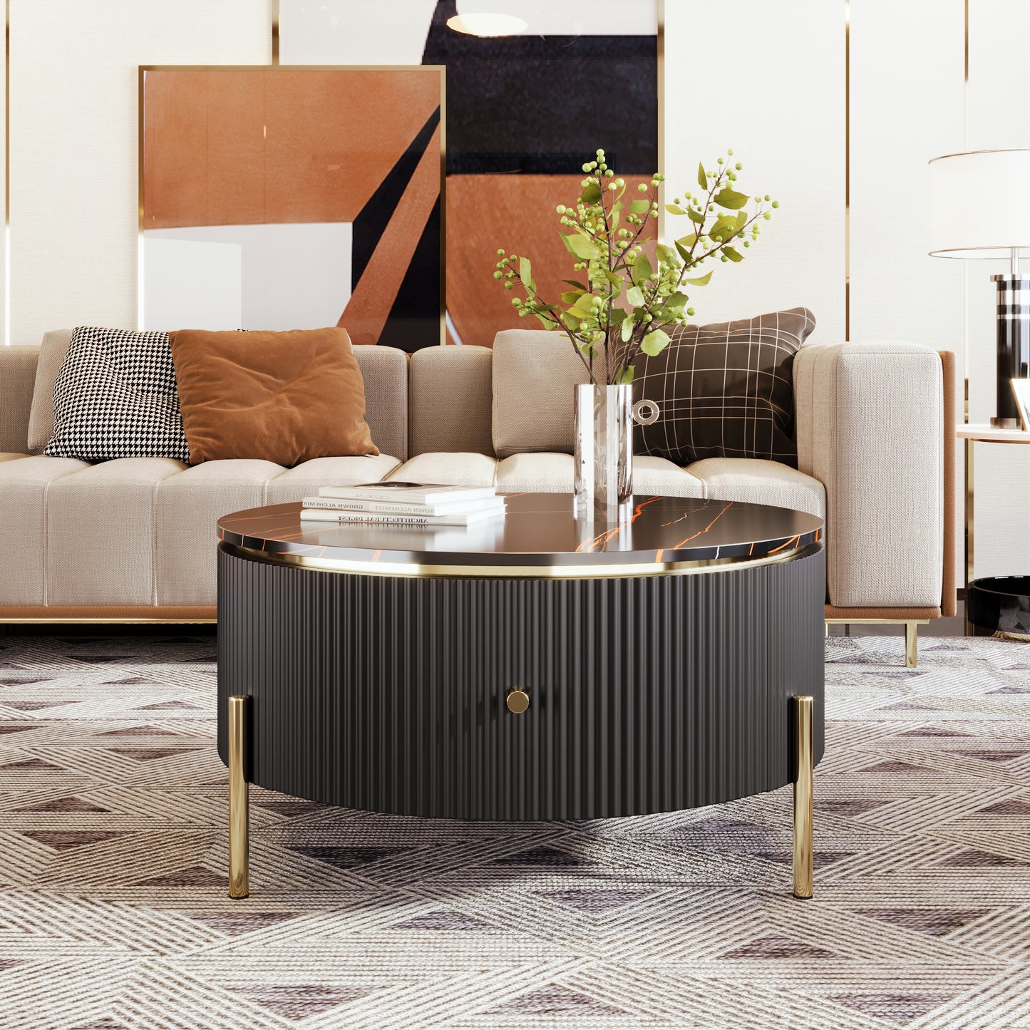 Contemporary Round Coffee Table with 2 Spacious Drawers and Marble Patterned Top