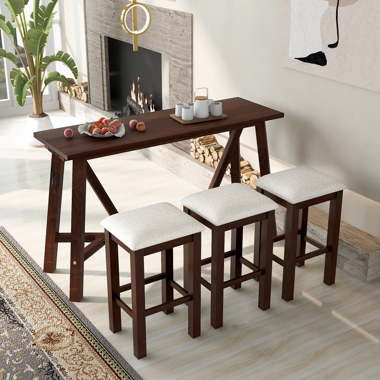 TREXM Multipurpose Home Kitchen Dining Bar Table Set with 3 Upholstered Stools(Dark Walnut)