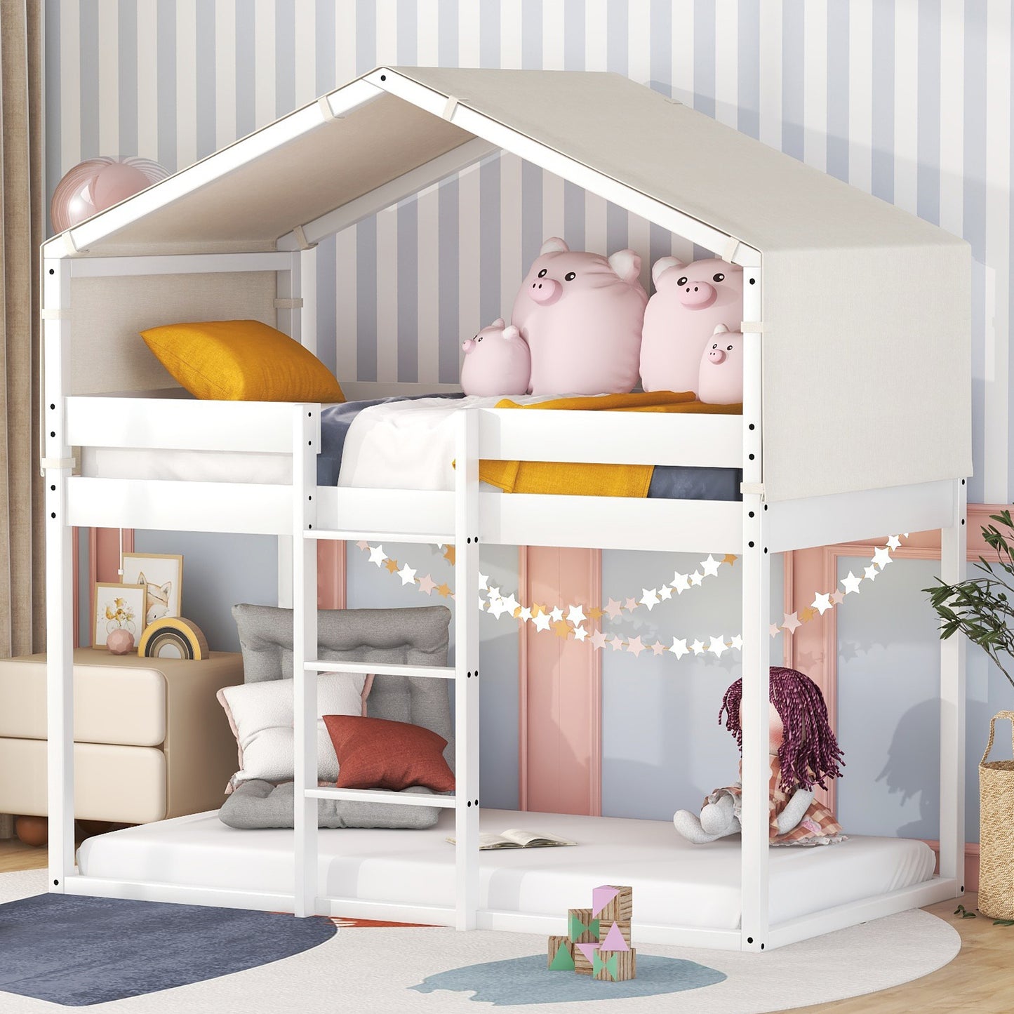 White House-Shaped Twin Over Twin Bunk Bed with Playhouse Tent