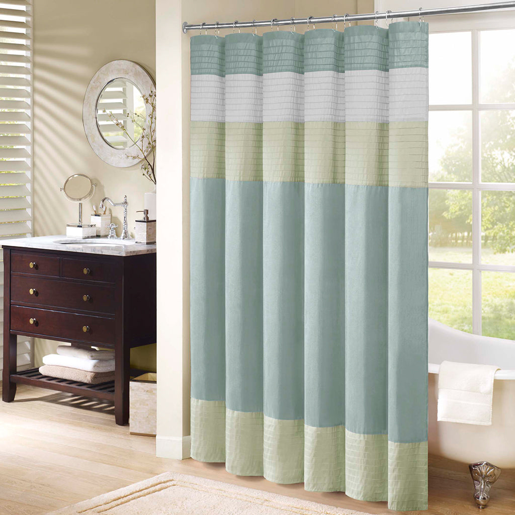 Green Faux Silk Shower Curtain with Elegant Pintuck Detail