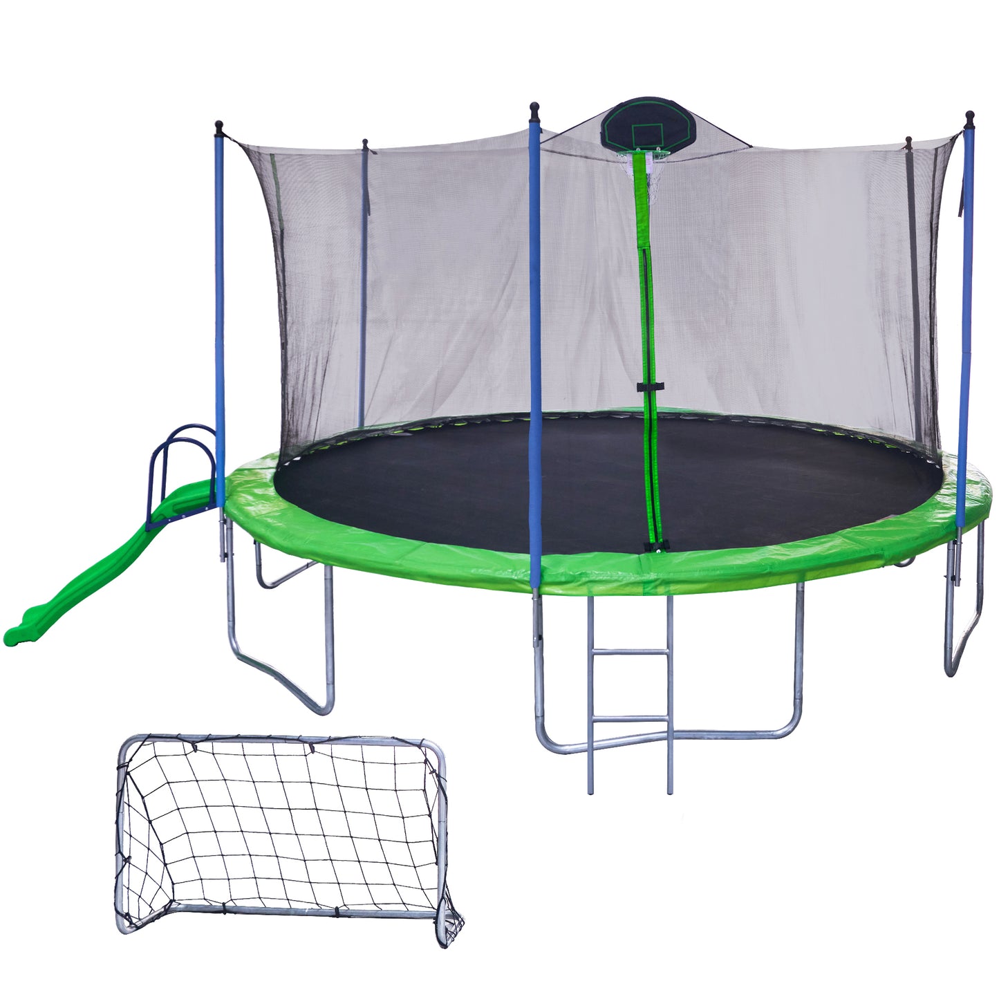 14FT Trampoline with Slide , Outdoor  Trampoline for Kids and Adults with Enclosure Net and Ladder,football goal