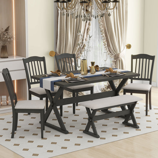 TREXM 6-Piece Rustic Dining Set, Rectangular Trestle Table and 4 Upholstered Chairs & Bench for Dining Room (Gray)