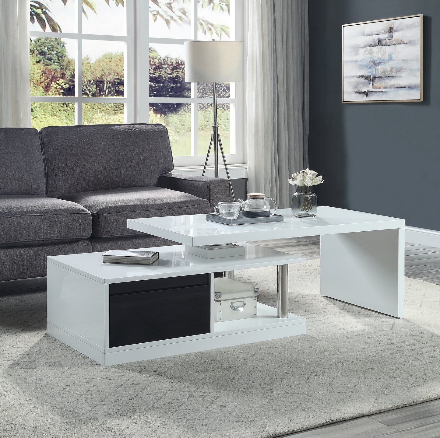 Buck II Coffee Table with Rotating Top in White and Black High Gloss Finish LV00997