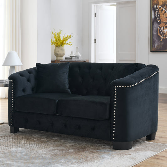 Luxurious Black Velvet Chesterfield Sofa, 2-Seater with Nailhead Arms