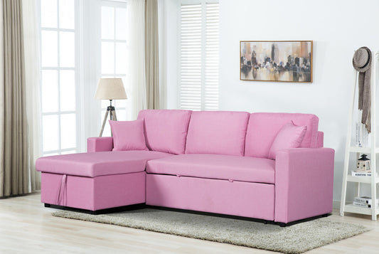 Pink Paisley Linen Fabric Sleeper Sectional Sofa with Storage Chaise