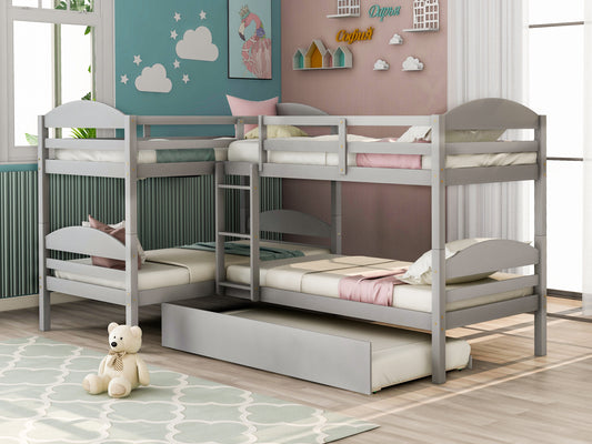 Gray Twin L-Shaped Bunk Bed with Built-In Trundle