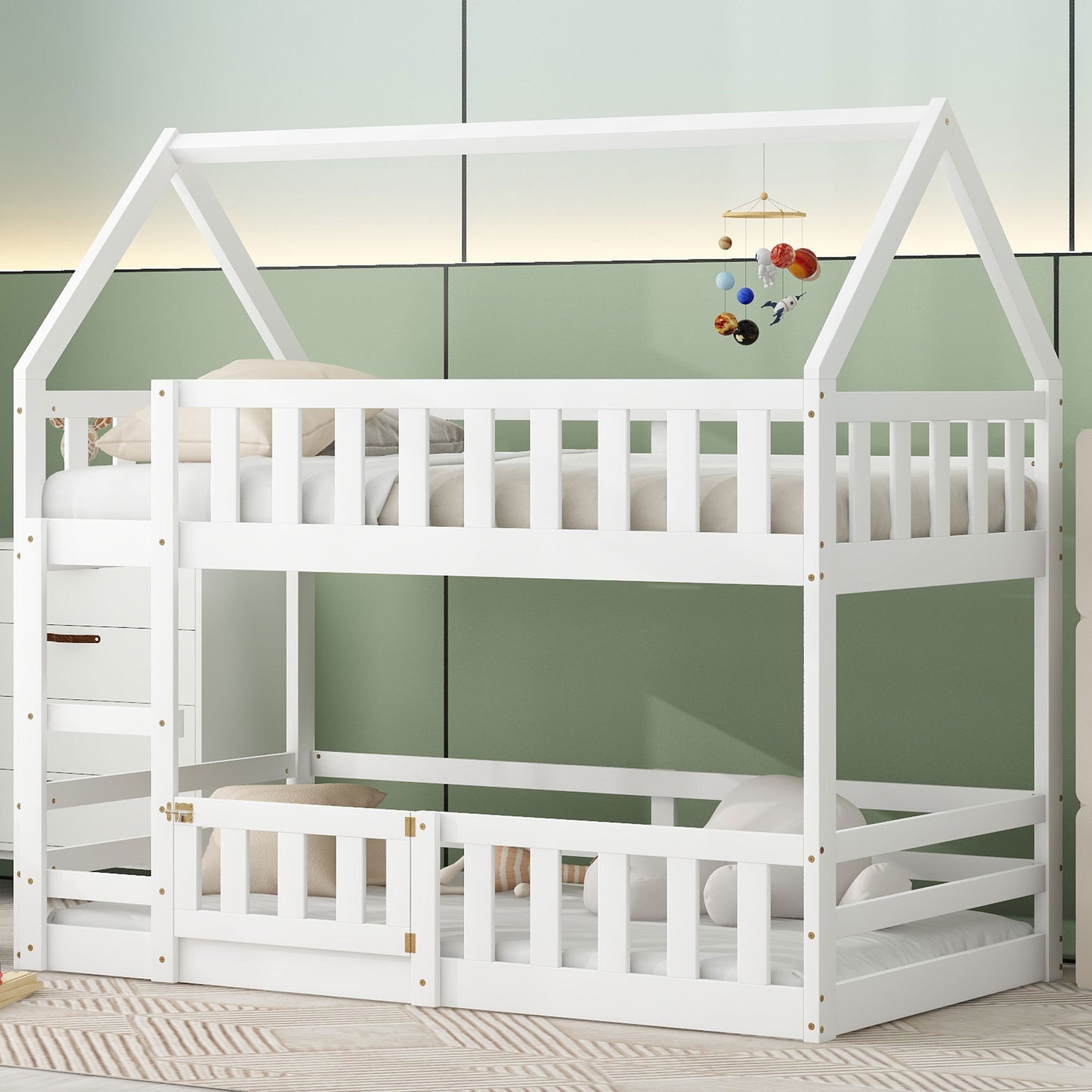 Enchanted White Twin over Twin House Bunk Bed with Playful Fence and Entryway