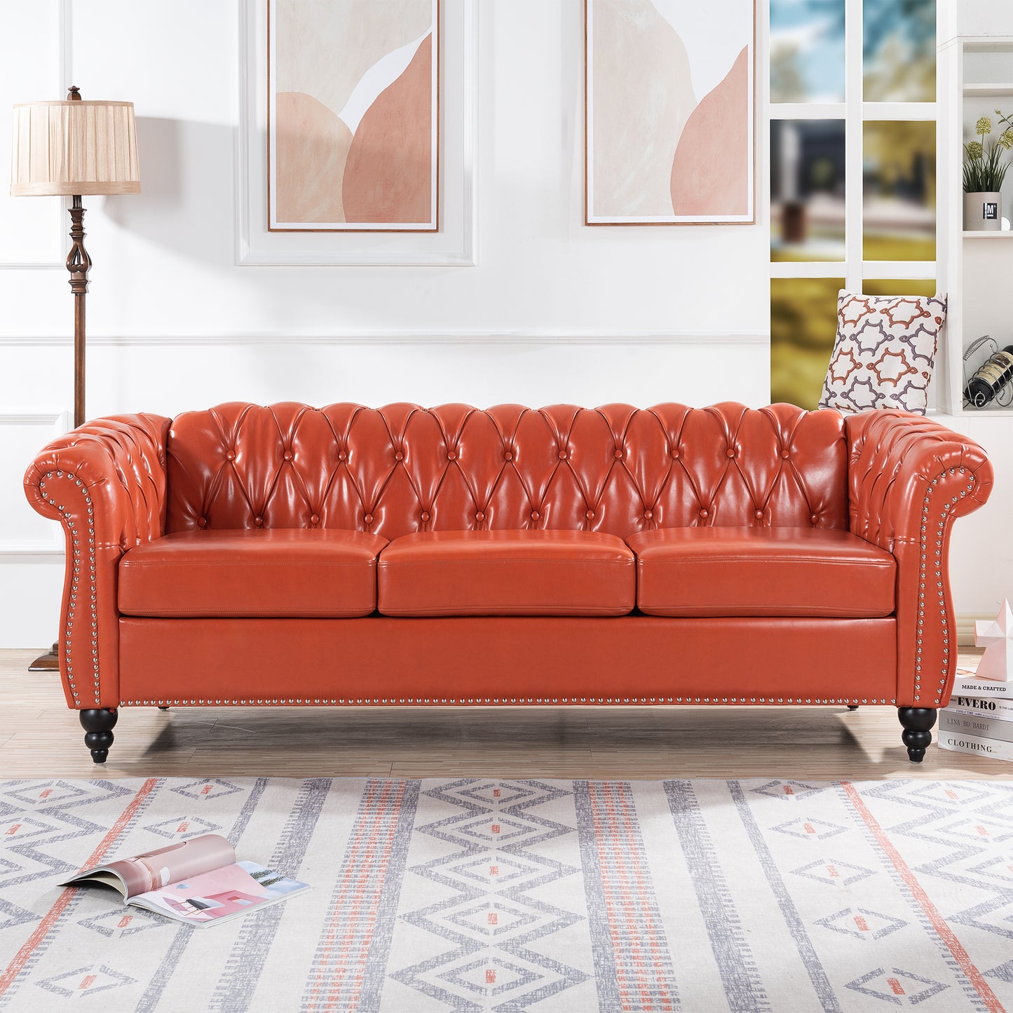 Classic Design 3-Seater Sofa with Rolled Arms and Chesterfield Look