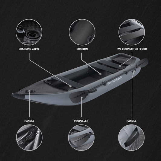 2 Person Inflatable Kayak Fishing PVC Kayak Boat the Dimension is 130'' *43'' *11.8'' Inflatable Boat Rescue Rubber Rowing Boat with  Pump, Aluminum Alloy Seat, Paddle, Inflatable Mat, Repair Kit, Fin