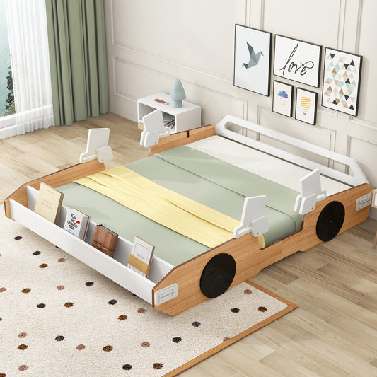 Wood Full Size Racing Car Bed with Door Design and Storage, Natural+White+Black